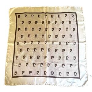Vintage 70s Pierre Cardin Paris Signature Logo Silk Scarf Brown Ivory 25 x 26